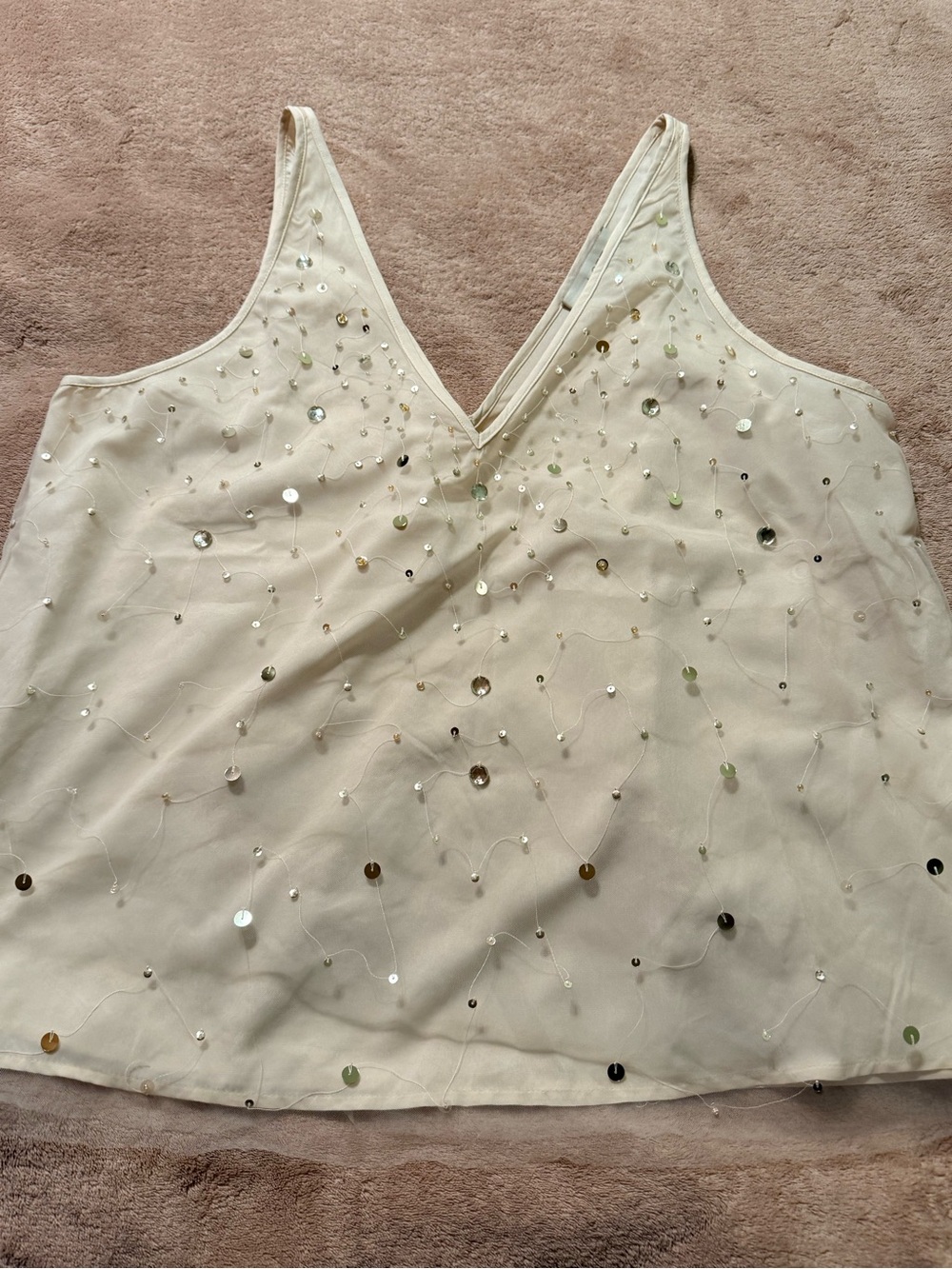 LOFT Cream V-Neck Sequin-Embellished Tank